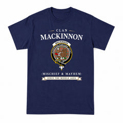 MacKinnon Ancient Tartan Crest Mischief and Mayhem T-shirt