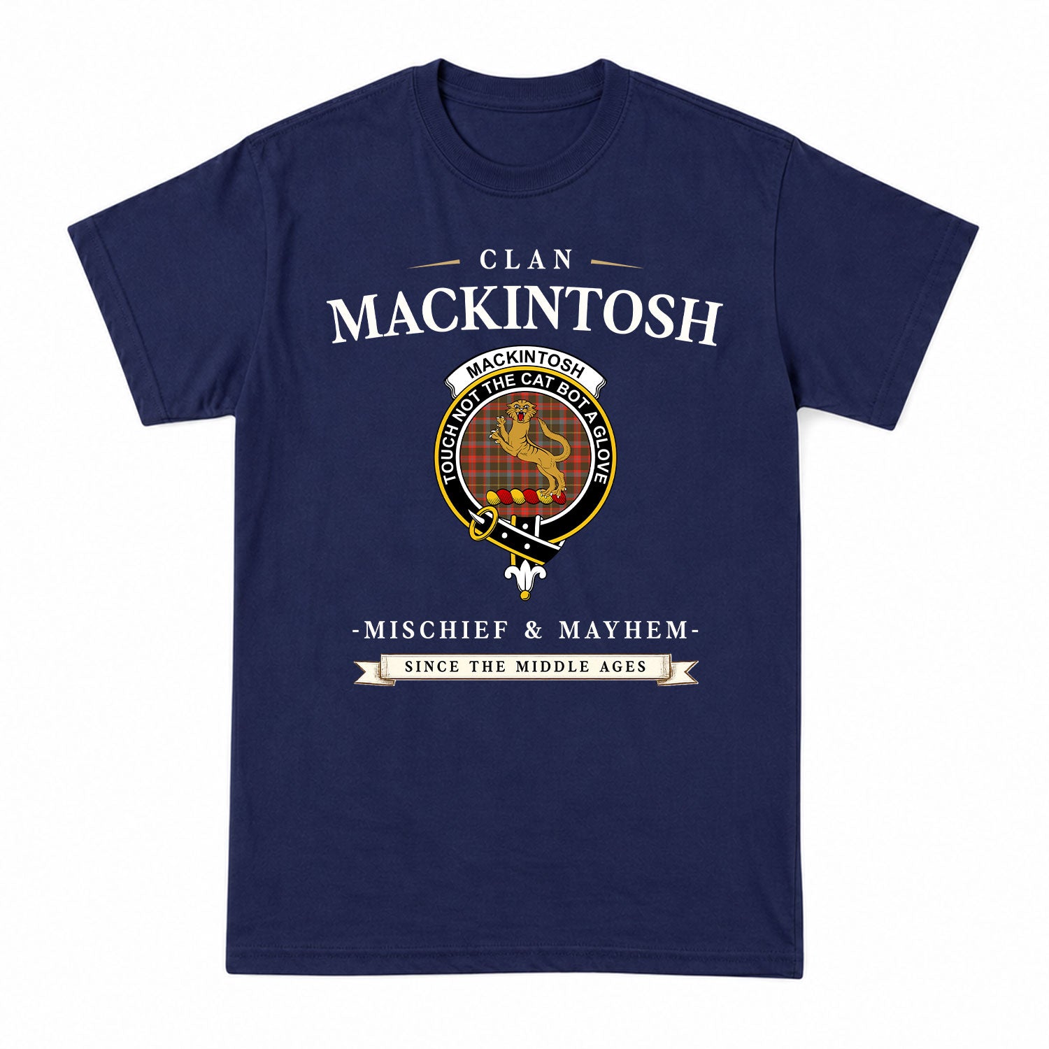 MacKintosh Hunting Weathered Tartan Crest Mischief and Mayhem T-shirt