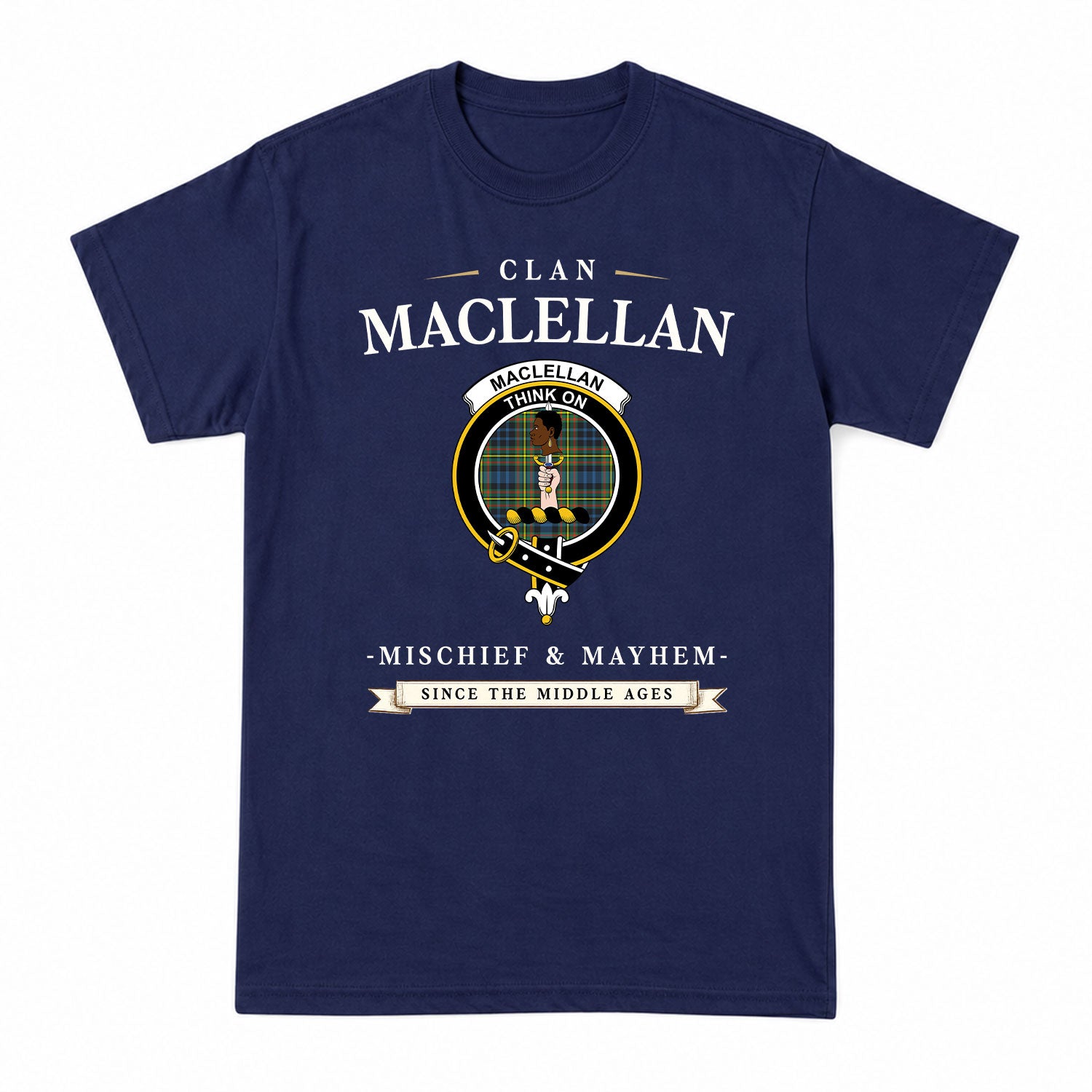 MacLellan Ancient Tartan Crest Mischief and Mayhem T-shirt