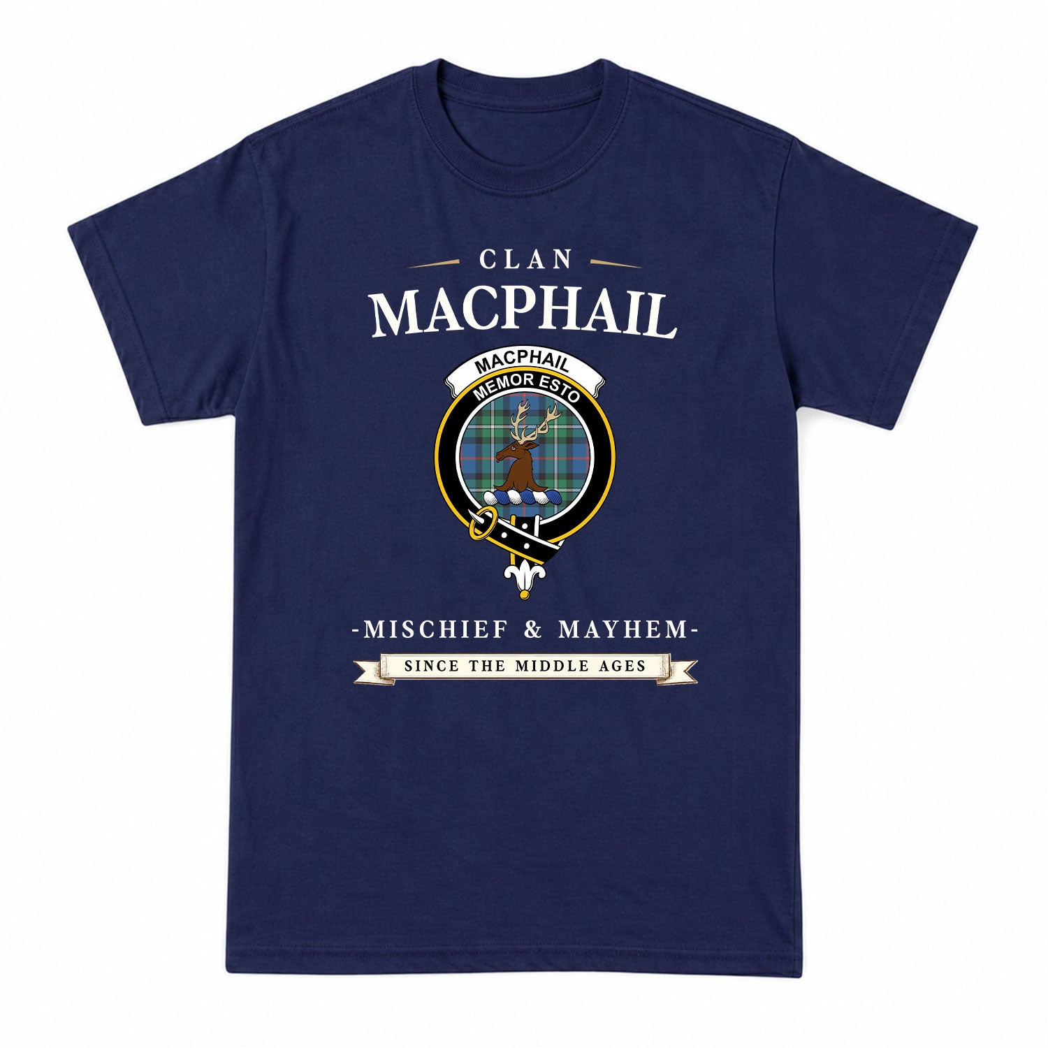 MacPhail Hunting Ancient Tartan Crest Mischief and Mayhem T-shirt