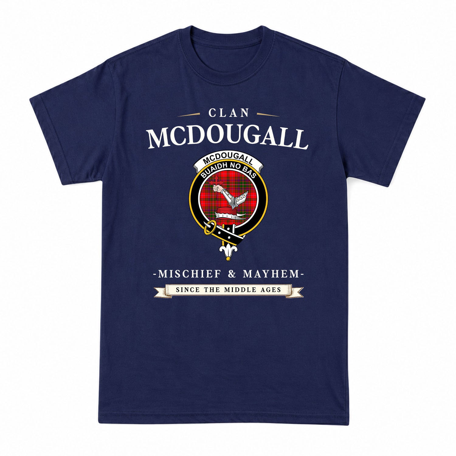 McDougall Modern Tartan Crest Mischief and Mayhem T-shirt