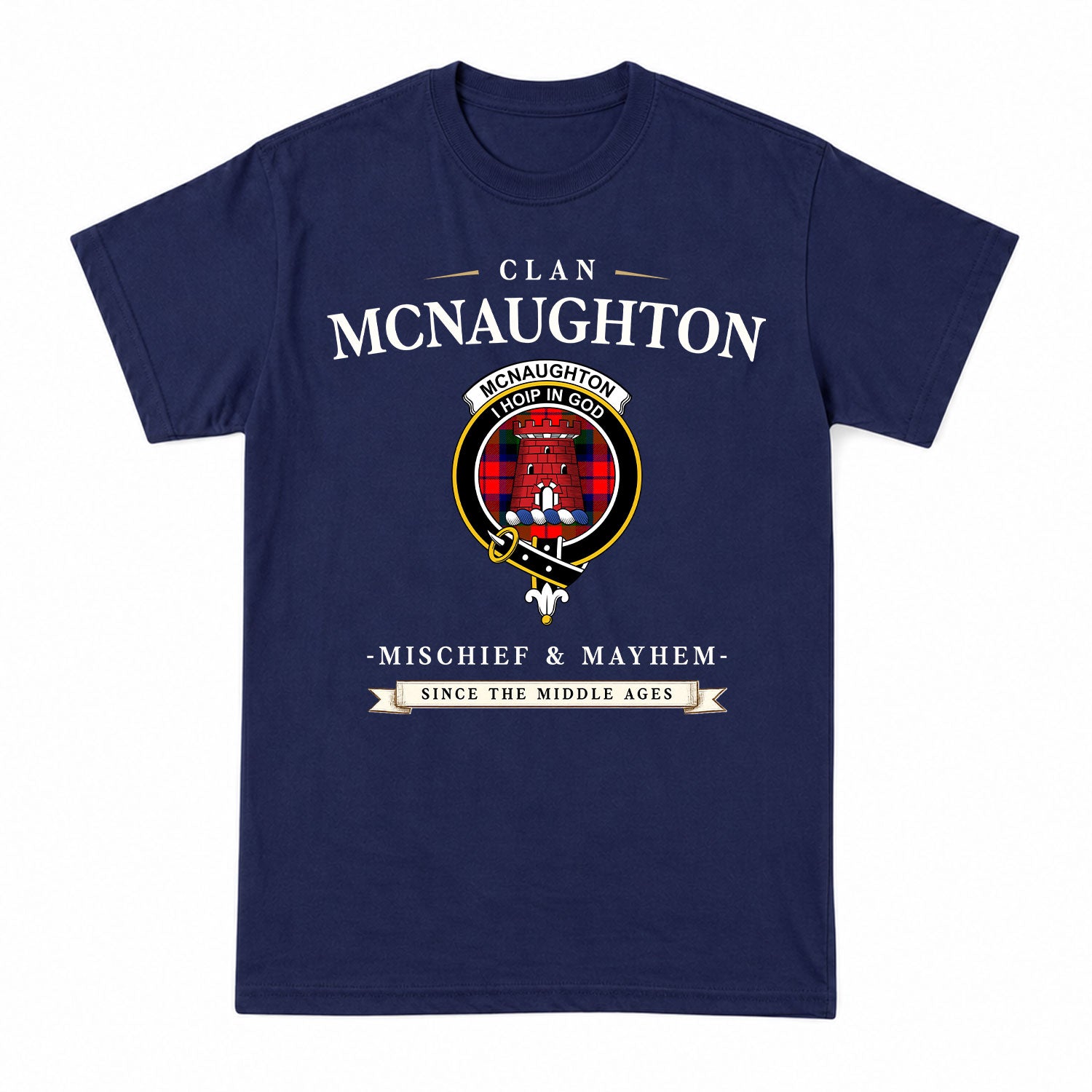 McNaughton Modern Tartan Crest Mischief and Mayhem T-shirt