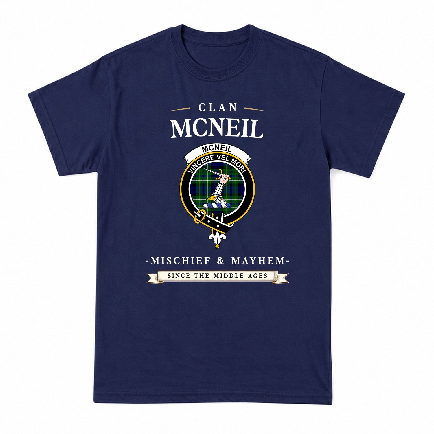 McNeil of Colonsay Modern Tartan Crest Mischief and Mayhem T-shirt