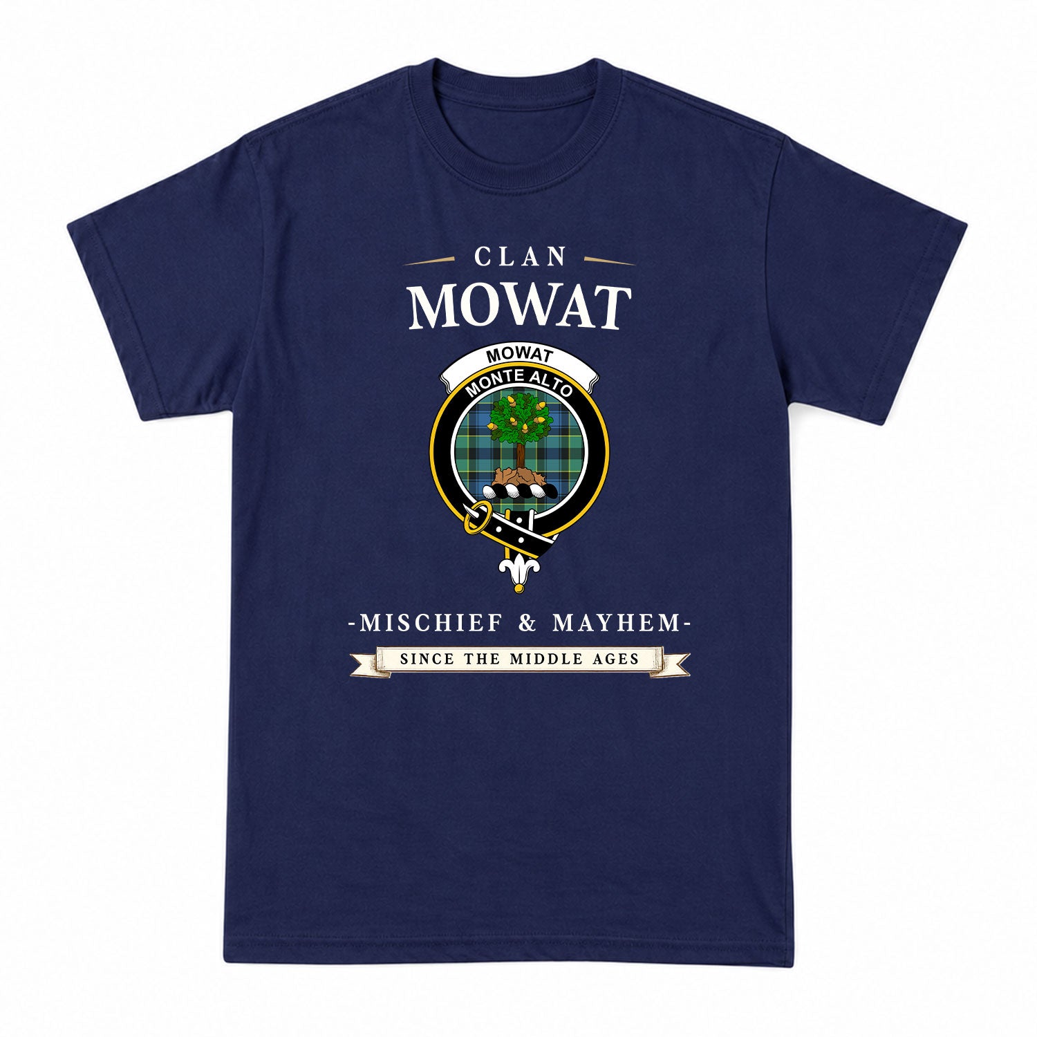 Mowat Ancient Tartan Crest Mischief and Mayhem T-shirt