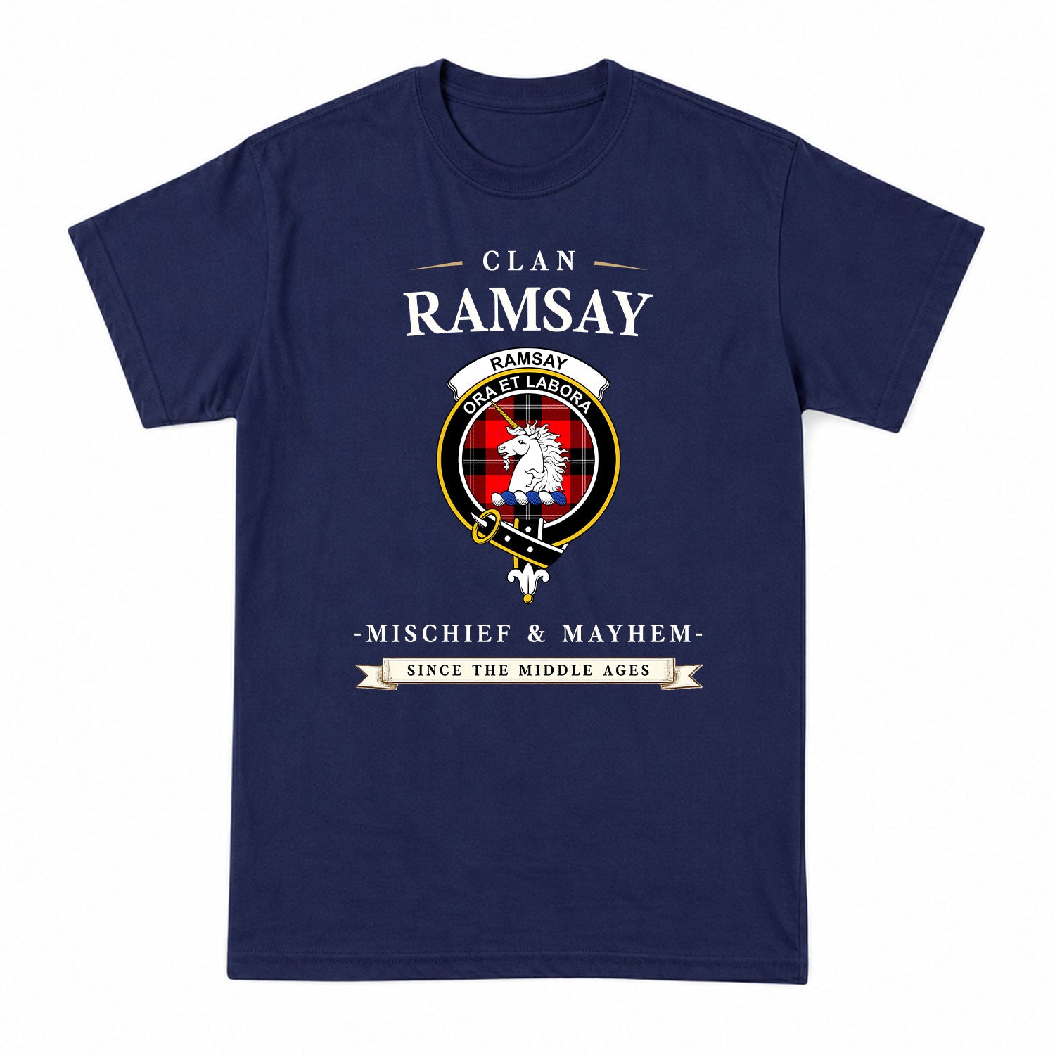 Ramsay Modern Tartan Crest Mischief and Mayhem T-shirt