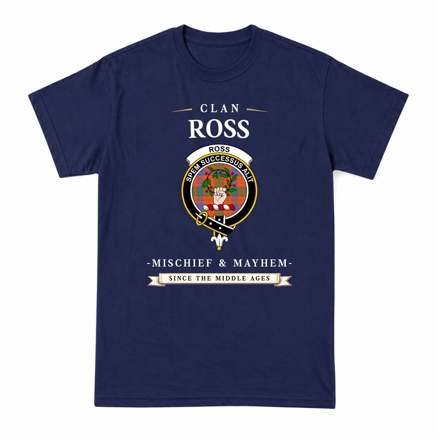 Ross Ancient Tartan Crest Mischief and Mayhem T-shirt