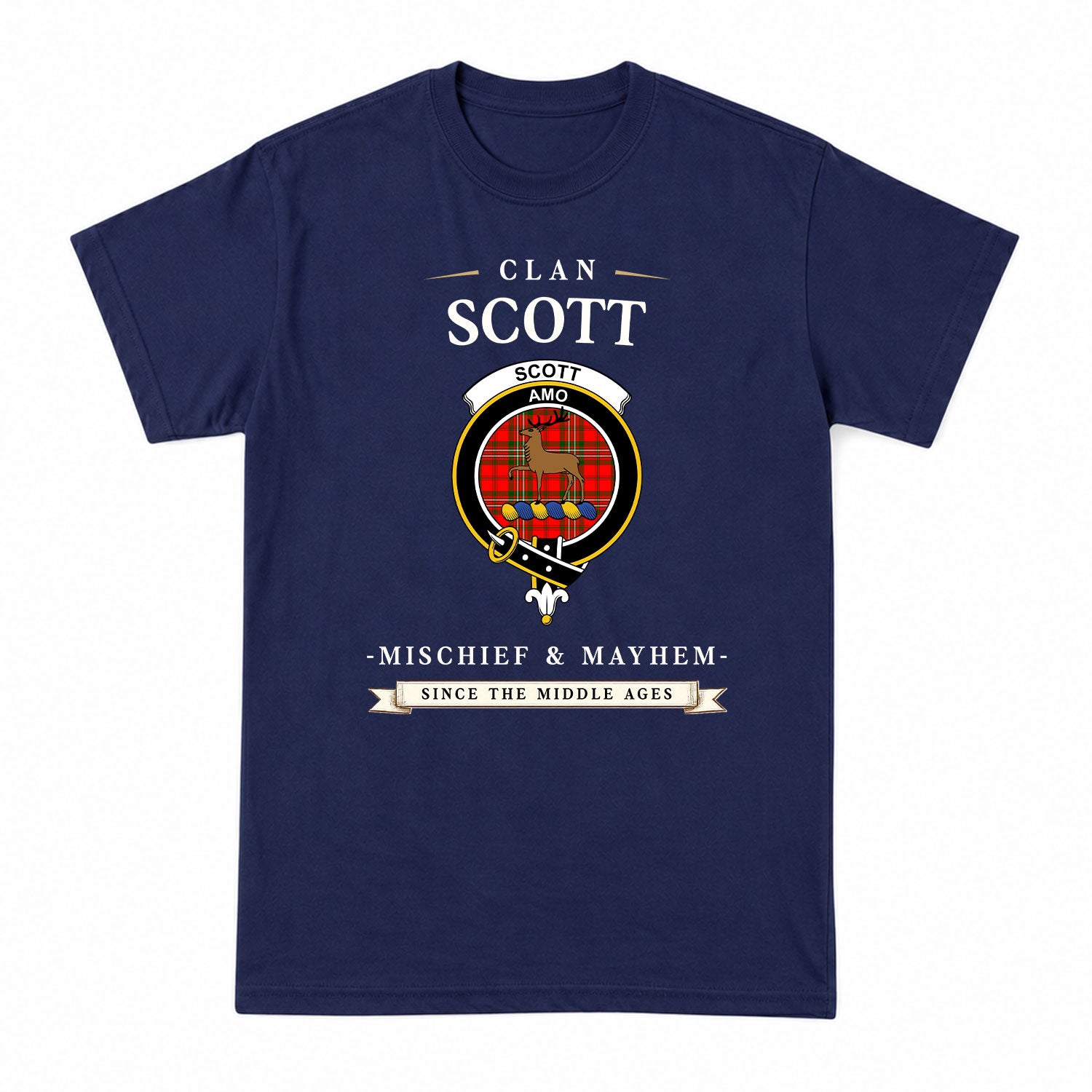 Scott Modern Tartan Crest Mischief and Mayhem T-shirt