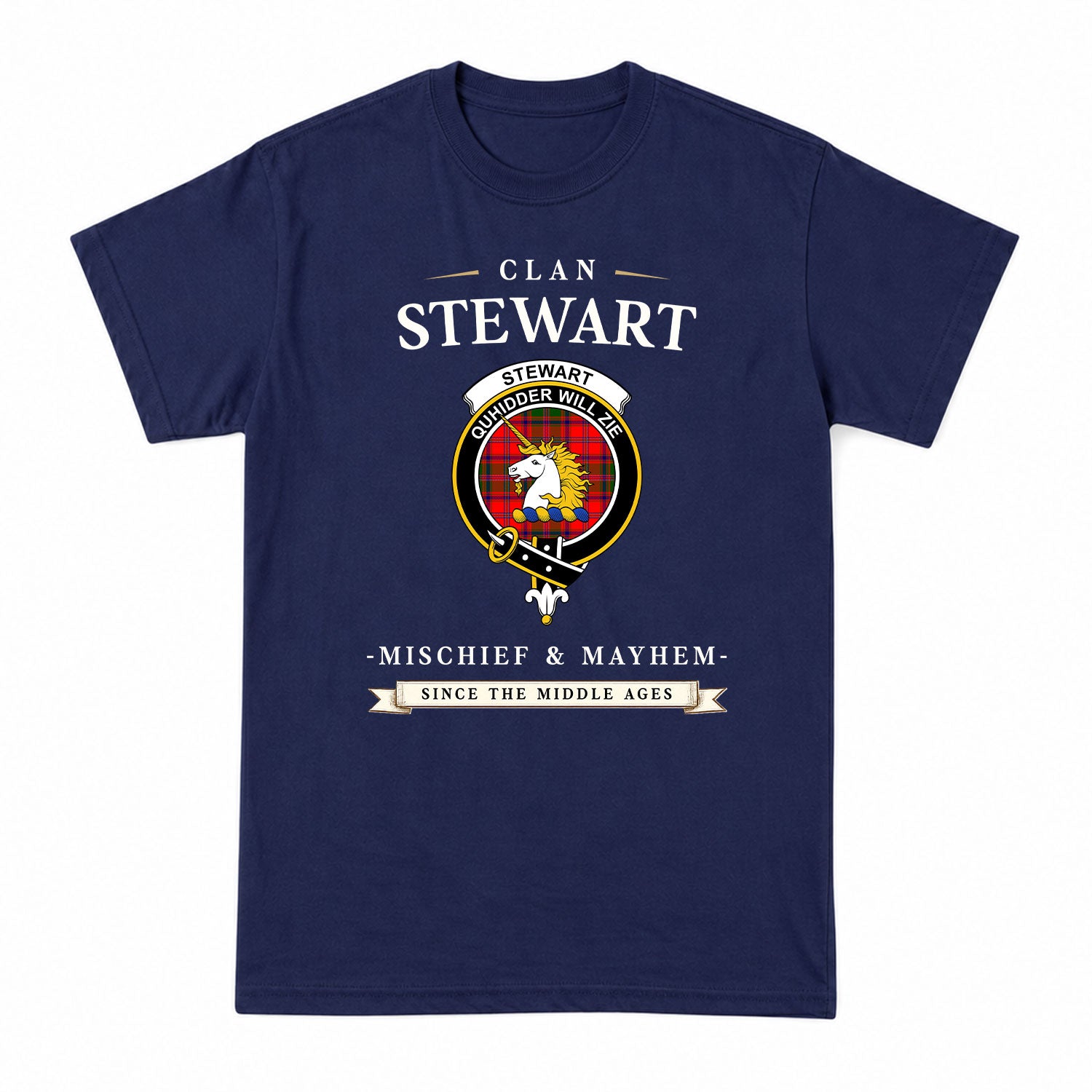 Stewart of Appin Modern Tartan Crest Mischief and Mayhem T-shirt