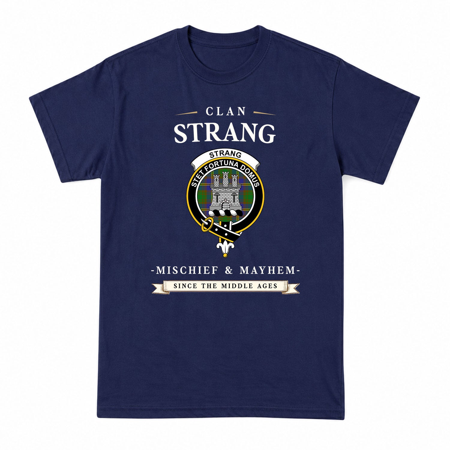 Strang (or Strange) Tartan Crest Mischief and Mayhem T-shirt