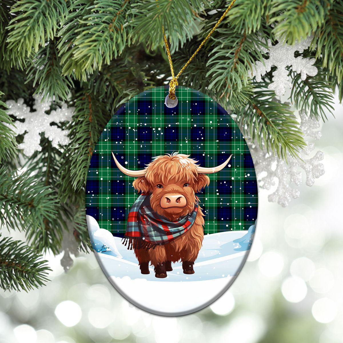 Abercrombie Tartan Christmas Ceramic Ornament - Highland Cows Snow Style