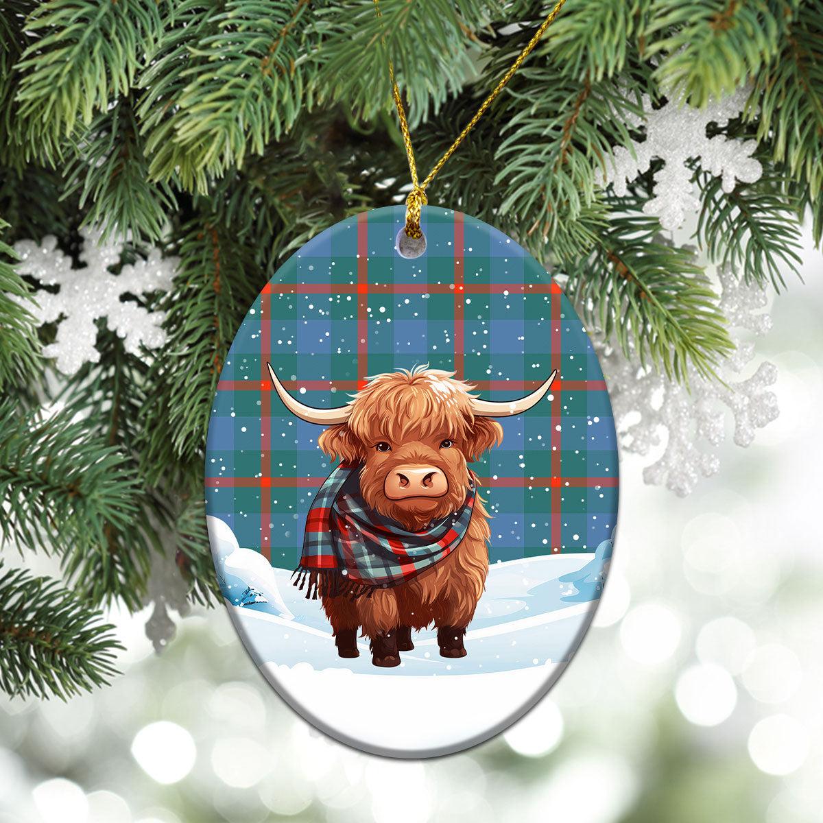 Agnew Ancient Tartan Christmas Ceramic Ornament - Highland Cows Snow Style
