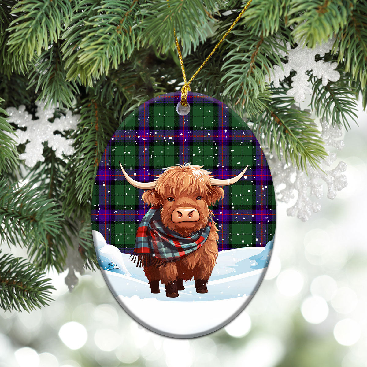 Armstrong Modern Tartan Christmas Ceramic Ornament - Highland Cows Snow Style