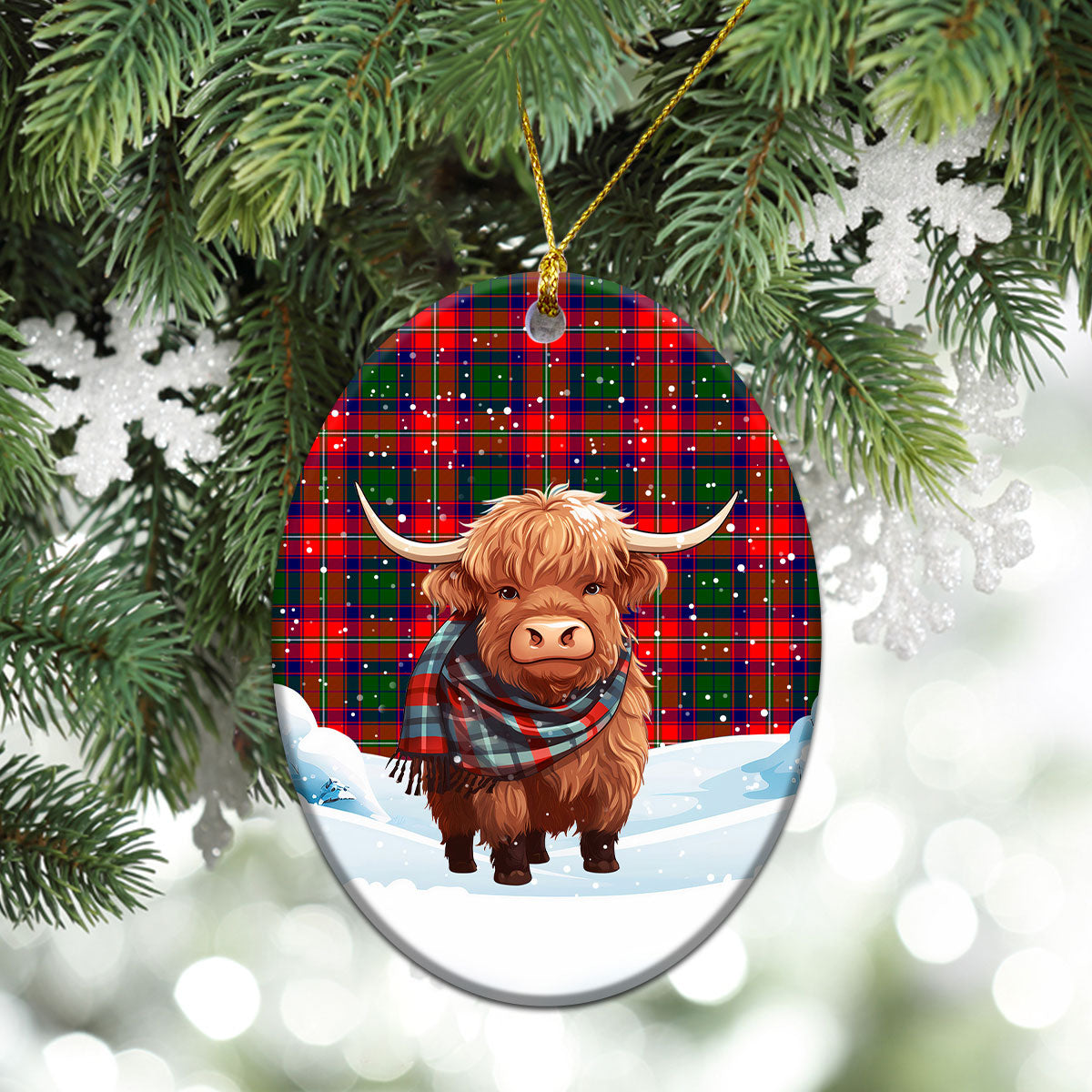Belshes Tartan Christmas Ceramic Ornament - Highland Cows Snow Style