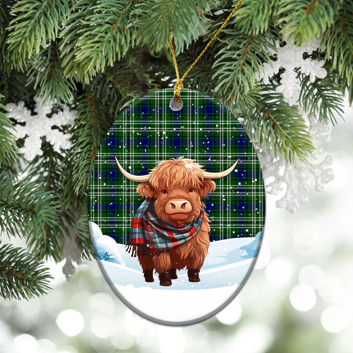 Blackadder Tartan Christmas Ceramic Ornament - Highland Cows Snow Style