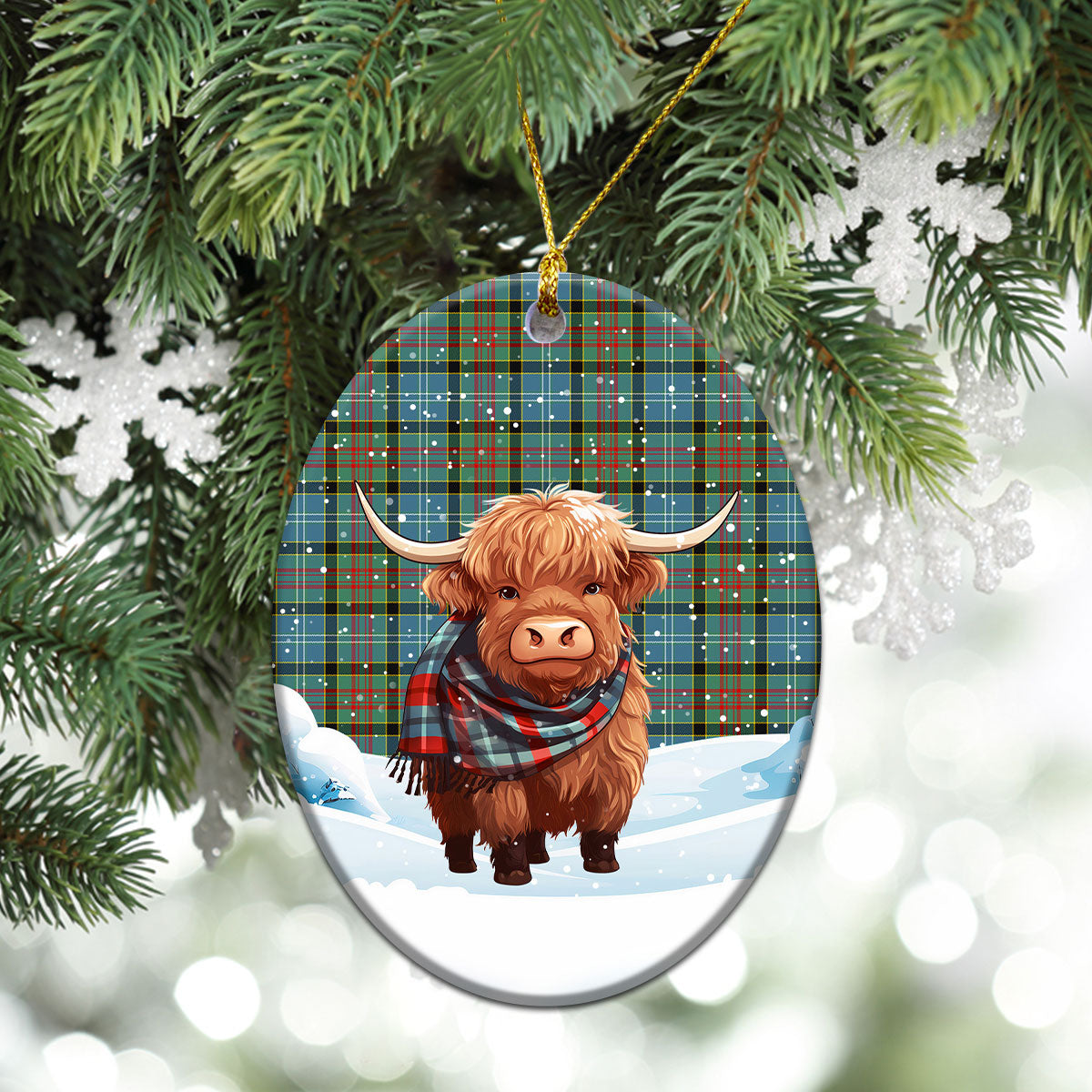 Brisbane Tartan Christmas Ceramic Ornament - Highland Cows Snow Style