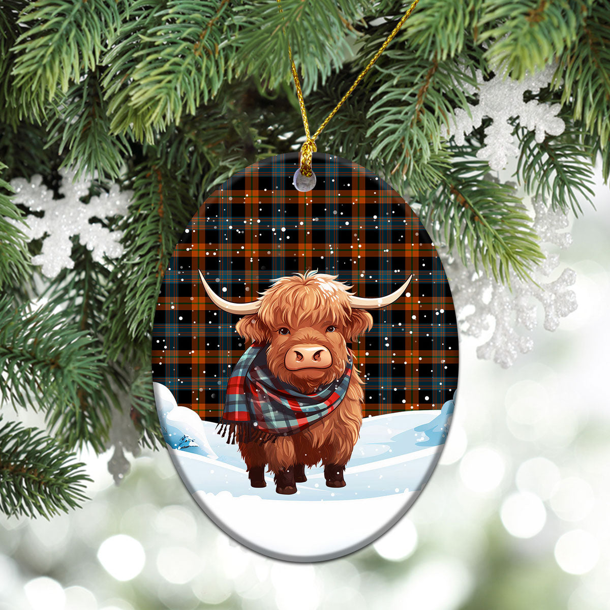 Broun Ancient Tartan Christmas Ceramic Ornament - Highland Cows Snow Style
