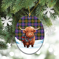 Carnegie Ancient Tartan Christmas Ceramic Ornament - Highland Cows Snow Style