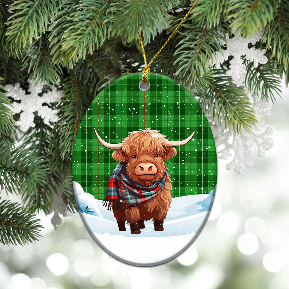 Clephan (or Clephane) Tartan Christmas Ceramic Ornament - Highland Cows Snow Style