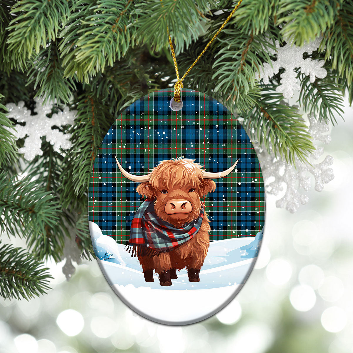 Colquhoun Ancient Tartan Christmas Ceramic Ornament - Highland Cows Snow Style