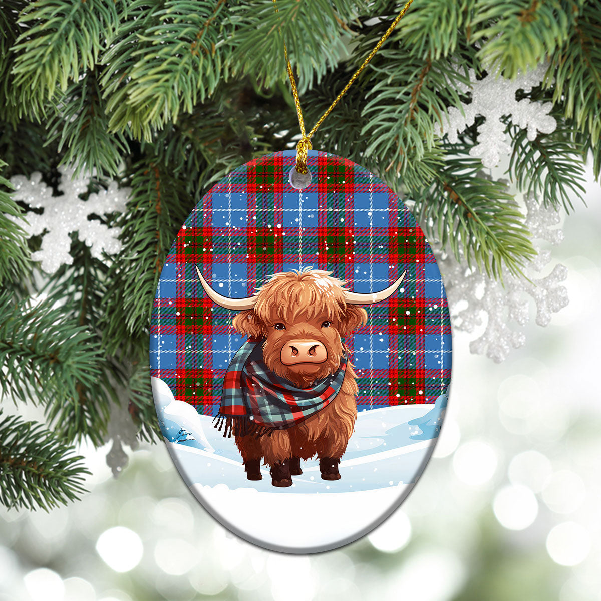 Crichton Tartan Christmas Ceramic Ornament - Highland Cows Snow Style