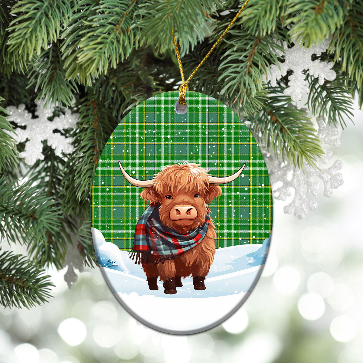 Currie Tartan Christmas Ceramic Ornament - Highland Cows Snow Style