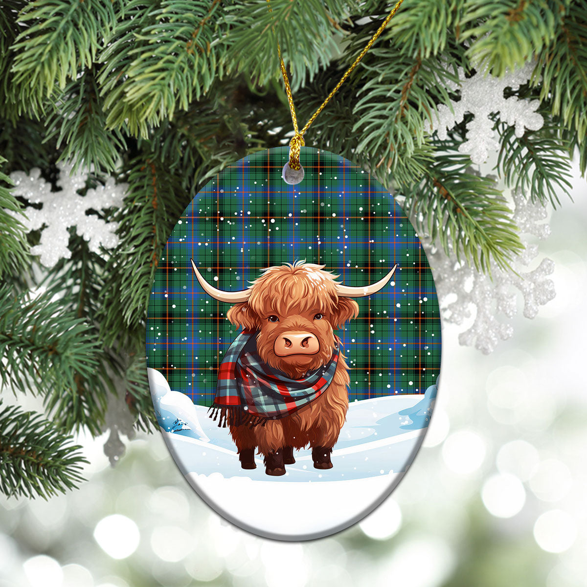 Davidson Ancient Tartan Christmas Ceramic Ornament - Highland Cows Snow Style