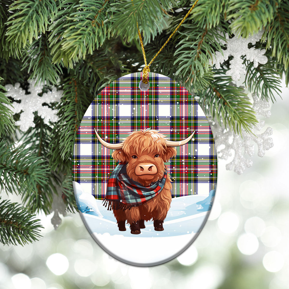 Dennistoun Tartan Christmas Ceramic Ornament - Highland Cows Snow Style