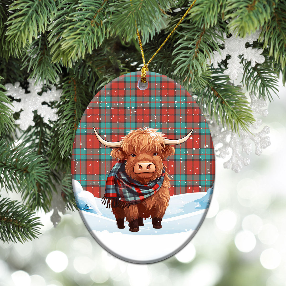 Dunbar Ancient Tartan Christmas Ceramic Ornament - Highland Cows Snow Style