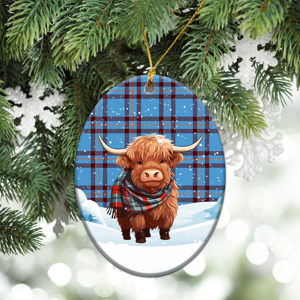 Elliot Ancient Tartan Christmas Ceramic Ornament - Highland Cows Snow Style