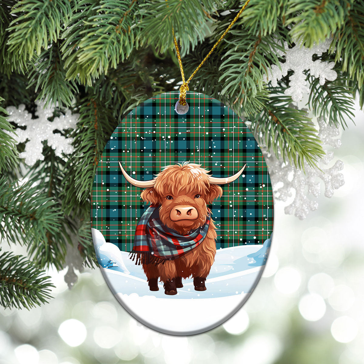 Ferguson Ancient Tartan Christmas Ceramic Ornament - Highland Cows Snow Style