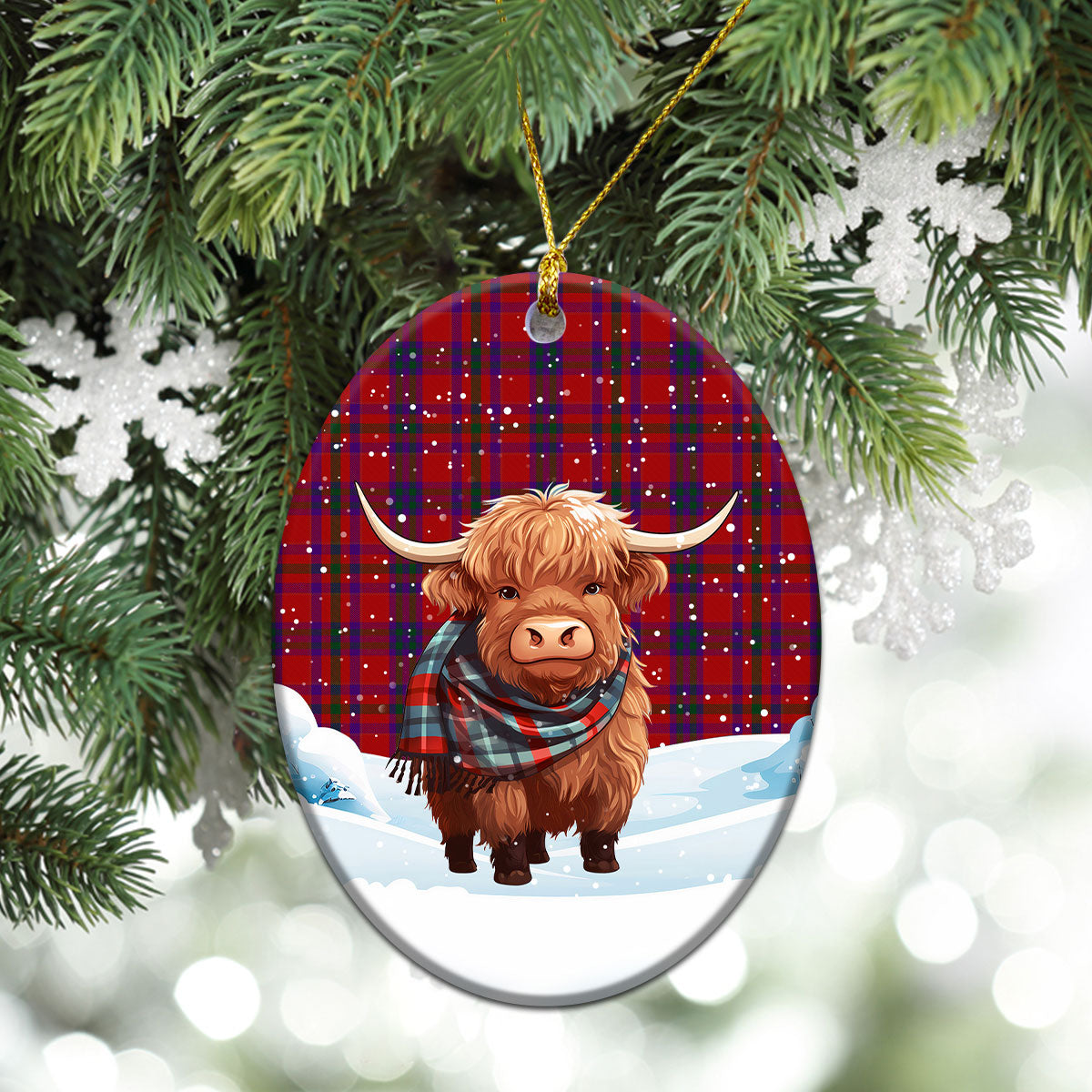 Fiddes Tartan Christmas Ceramic Ornament - Highland Cows Snow Style