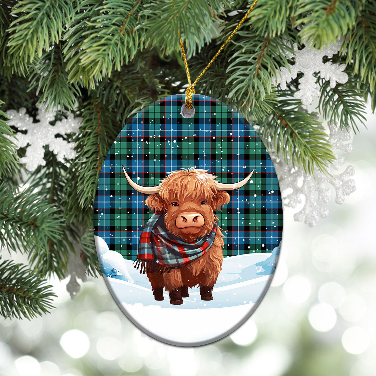 Galbraith Ancient Tartan Christmas Ceramic Ornament - Highland Cows Snow Style