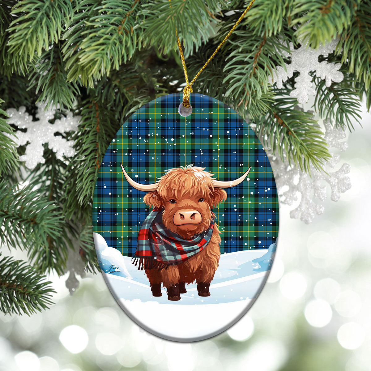 Gordon Ancient Tartan Christmas Ceramic Ornament - Highland Cows Snow Style