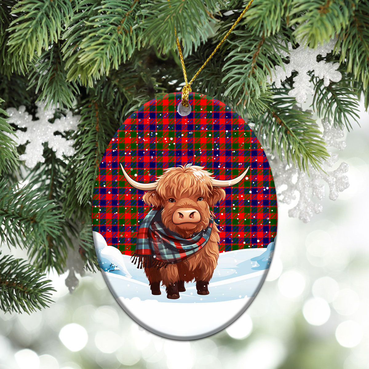 Gow (or McGouan) Tartan Christmas Ceramic Ornament - Highland Cows Snow Style