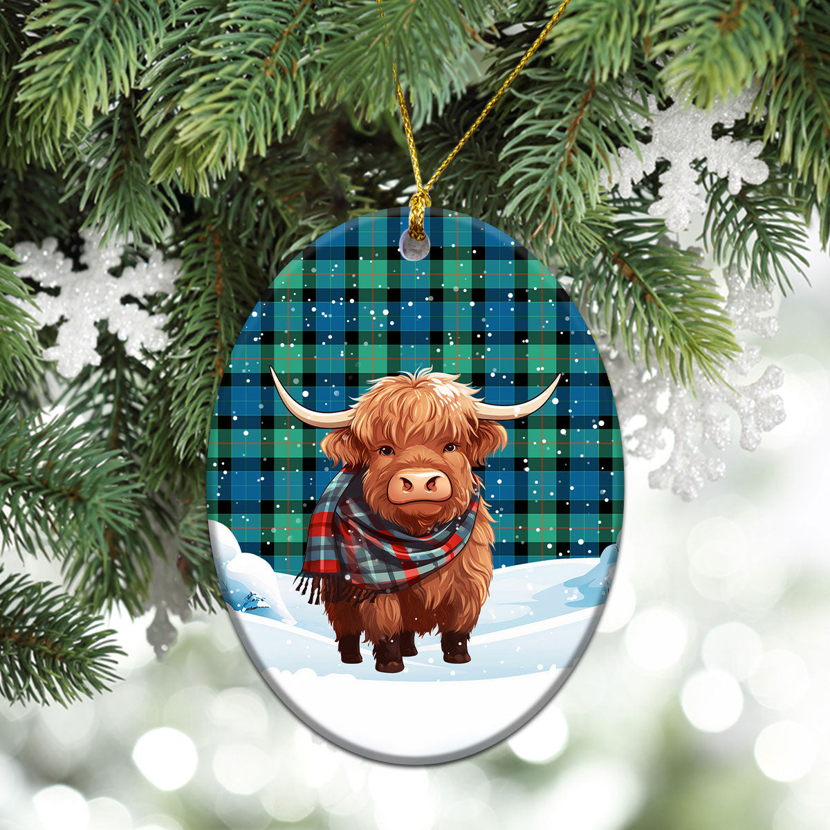 Gunn Ancient Tartan Christmas Ceramic Ornament - Highland Cows Snow Style
