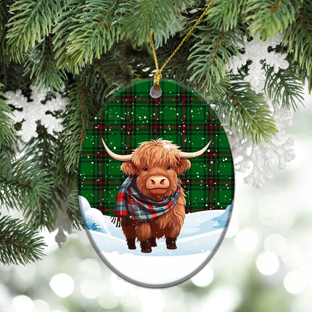 Halkerston Tartan Christmas Ceramic Ornament - Highland Cows Snow Style