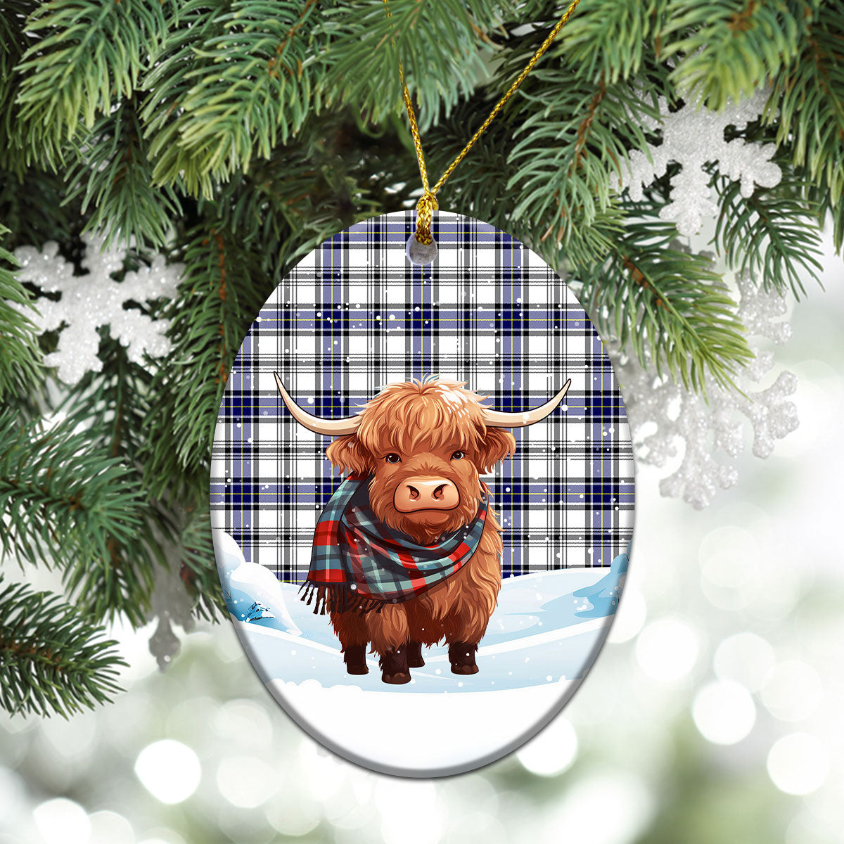 Hannay Modern Tartan Christmas Ceramic Ornament - Highland Cows Snow Style
