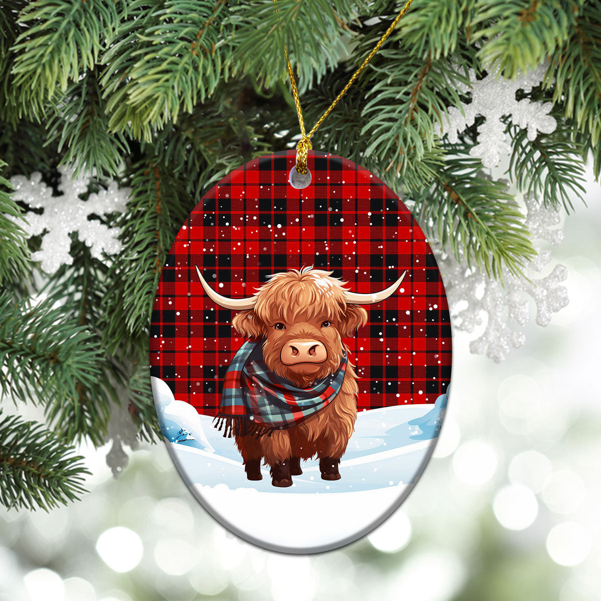 Hogg Tartan Christmas Ceramic Ornament - Highland Cows Snow Style