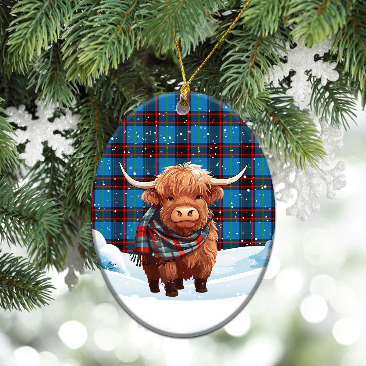 Home Ancient Tartan Christmas Ceramic Ornament - Highland Cows Snow Style