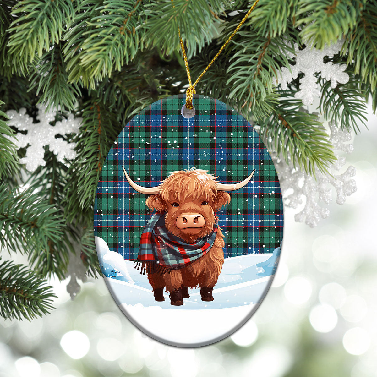 Hunter Ancient Tartan Christmas Ceramic Ornament - Highland Cows Snow Style