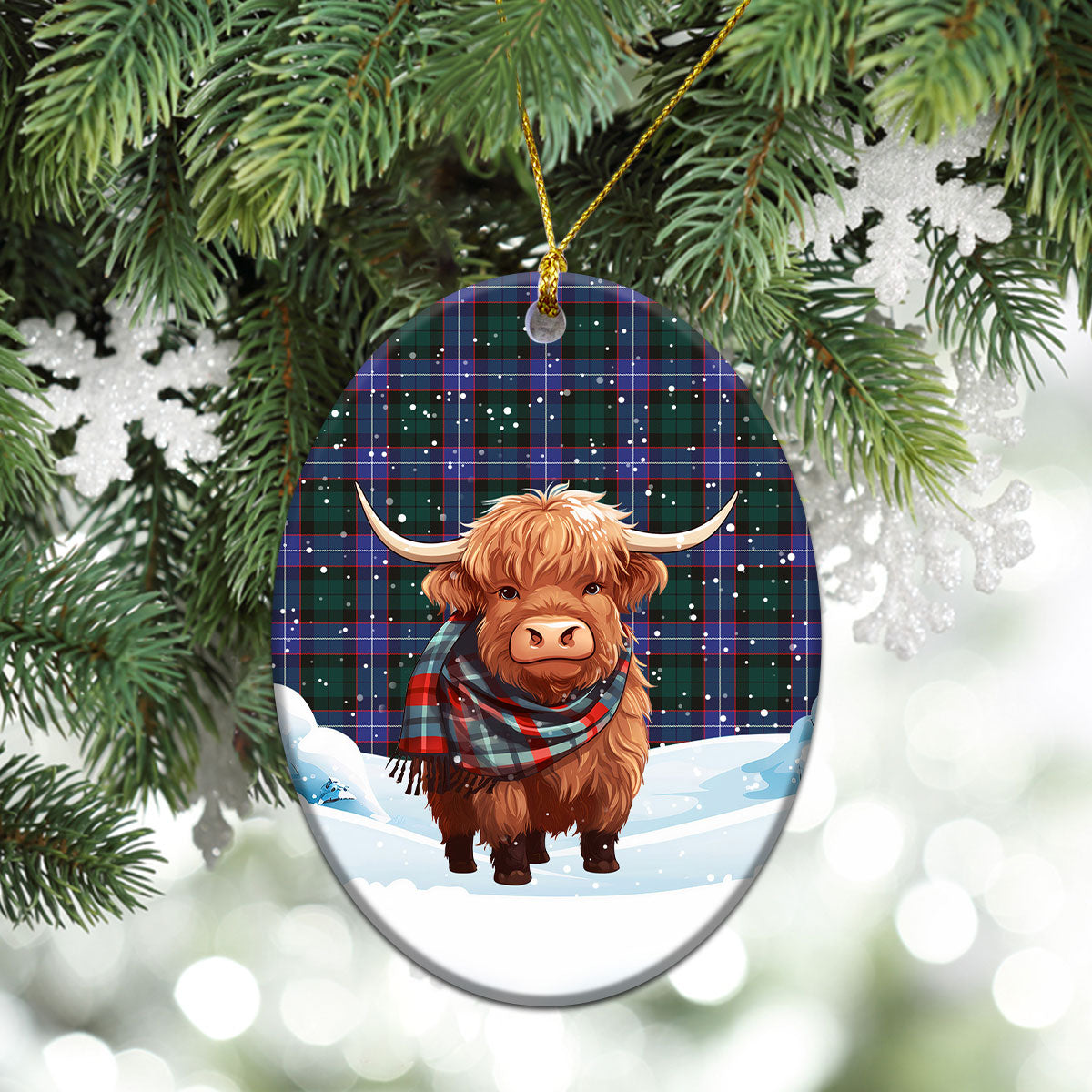 Hunter Modern Tartan Christmas Ceramic Ornament - Highland Cows Snow Style