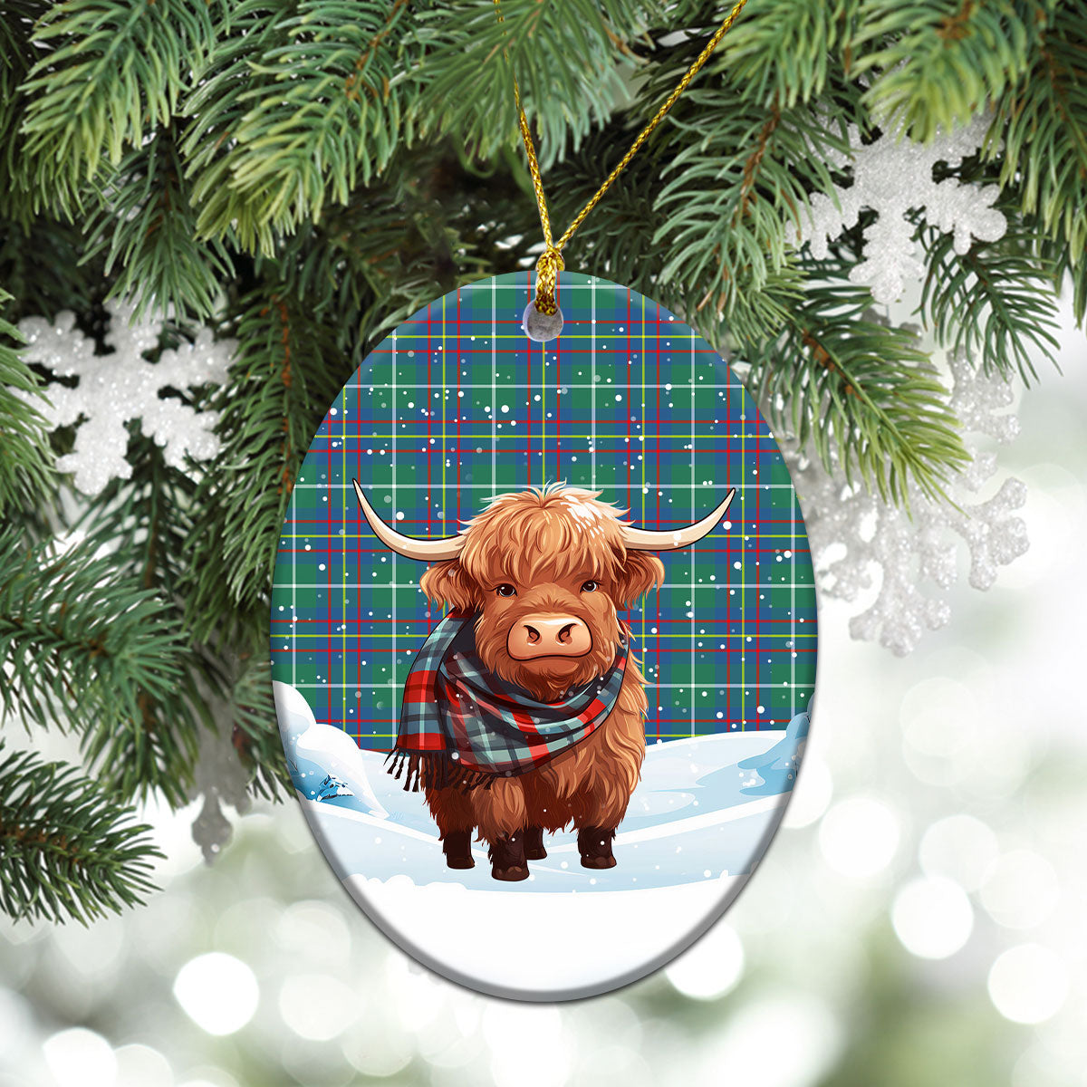 Inglis Ancient Tartan Christmas Ceramic Ornament - Highland Cows Snow Style