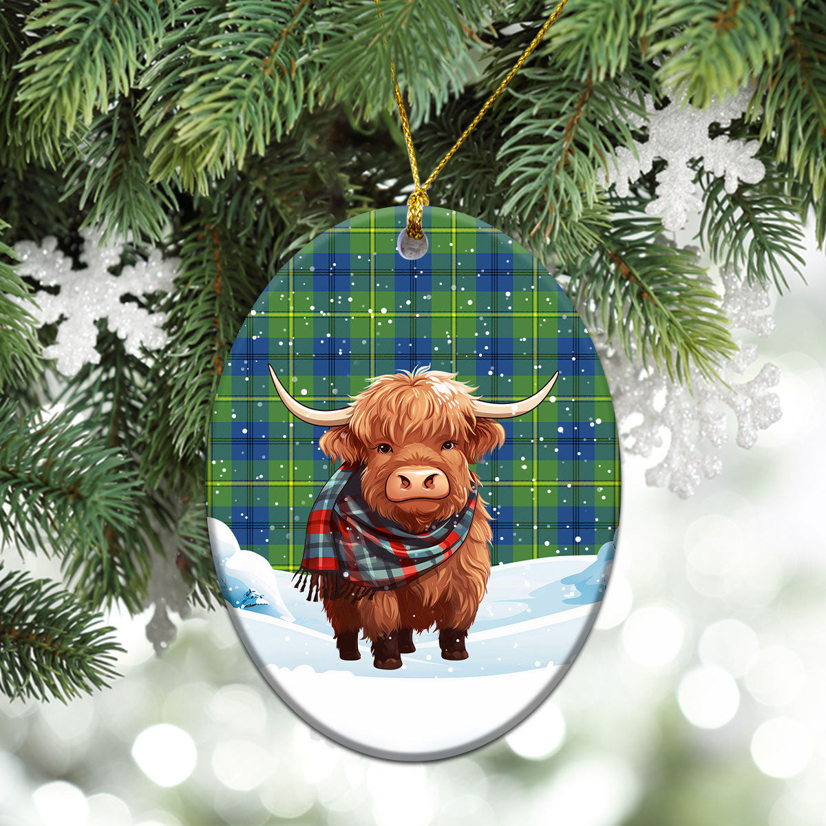 Johnston Ancient Tartan Christmas Ceramic Ornament - Highland Cows Snow Style