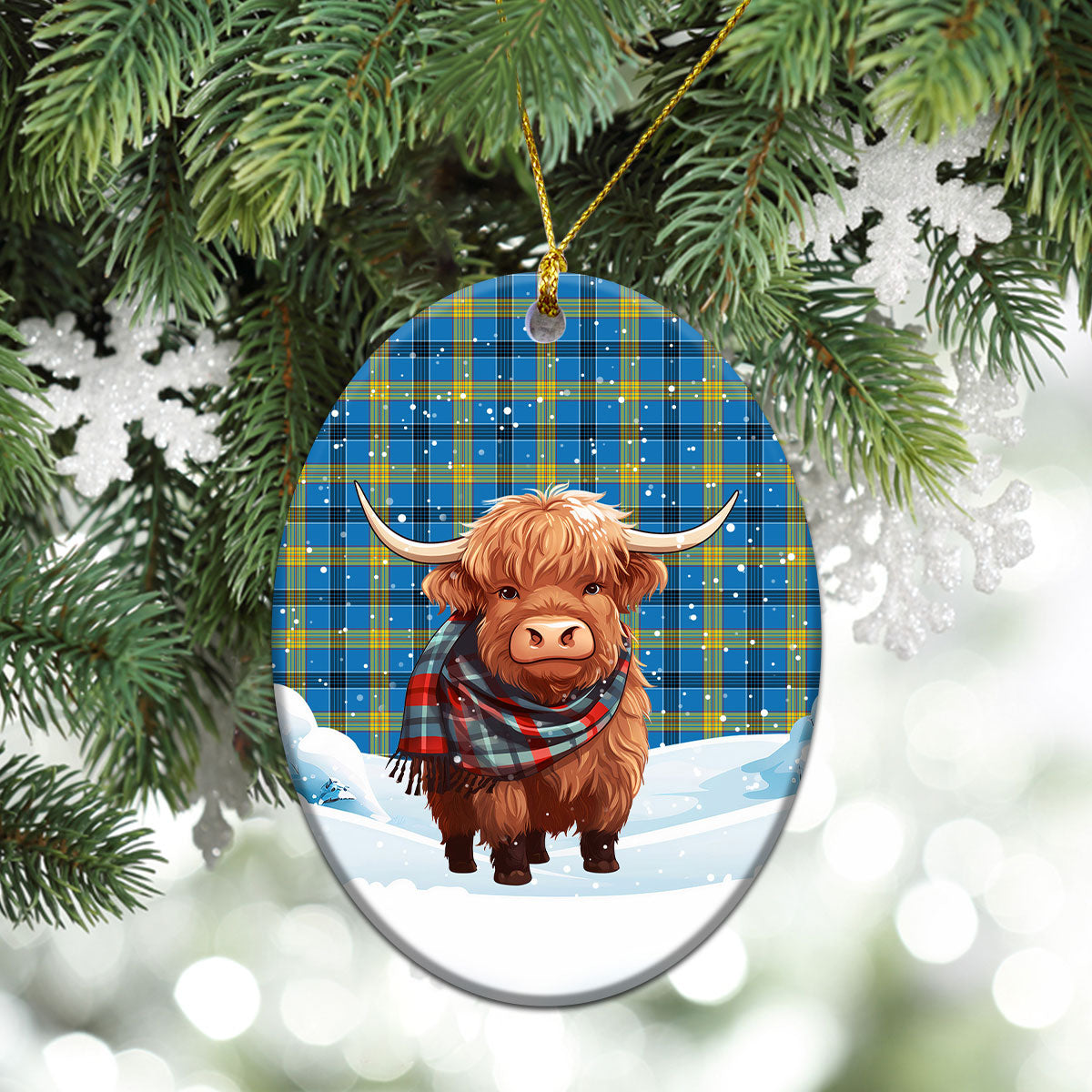 Laing Tartan Christmas Ceramic Ornament - Highland Cows Snow Style