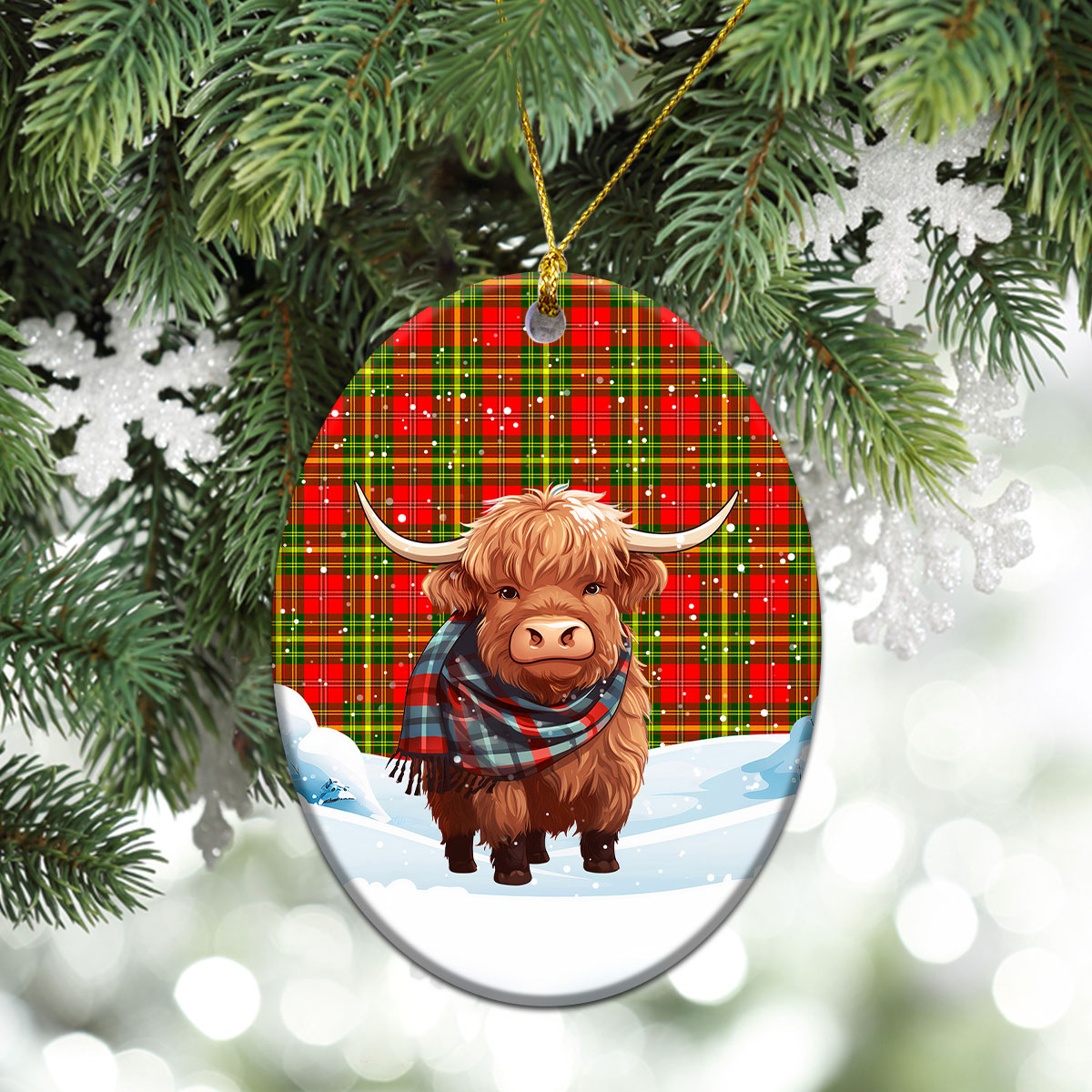 Leask Tartan Christmas Ceramic Ornament - Highland Cows Snow Style