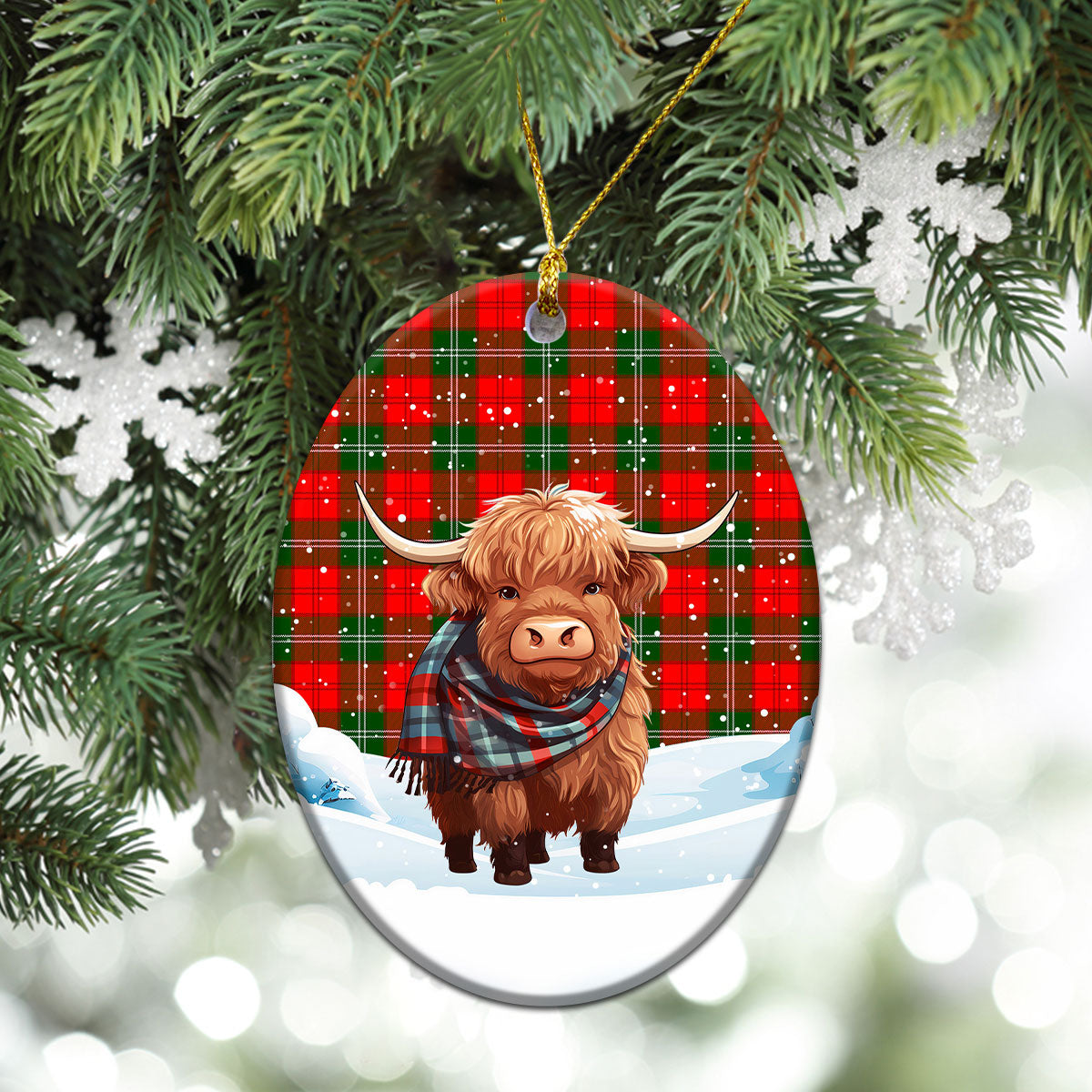 Lennox Tartan Christmas Ceramic Ornament - Highland Cows Snow Style