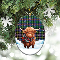 Logan Ancient Tartan Christmas Ceramic Ornament - Highland Cows Snow Style