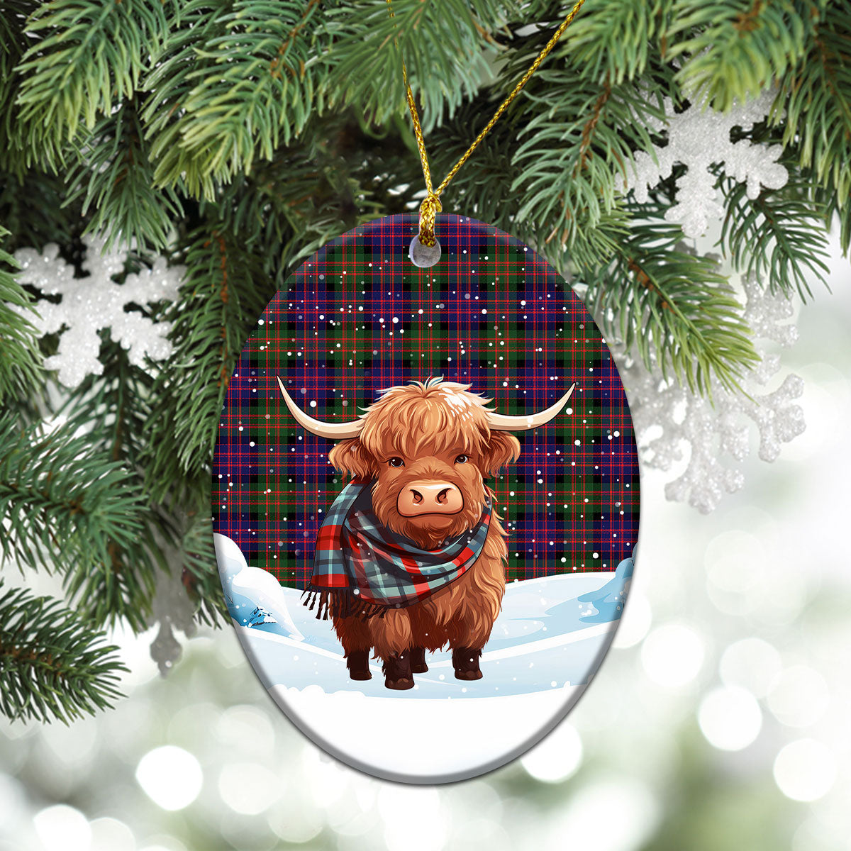 MacDonnell of Glengarry Modern Tartan Christmas Ceramic Ornament - Highland Cows Snow Style