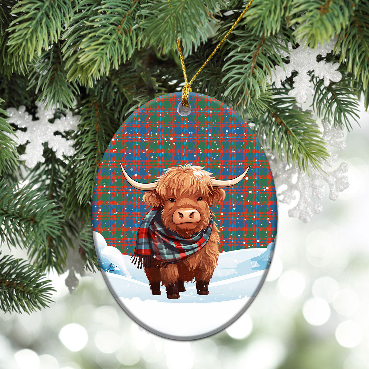 MacIntyre Ancient Tartan Christmas Ceramic Ornament - Highland Cows Snow Style
