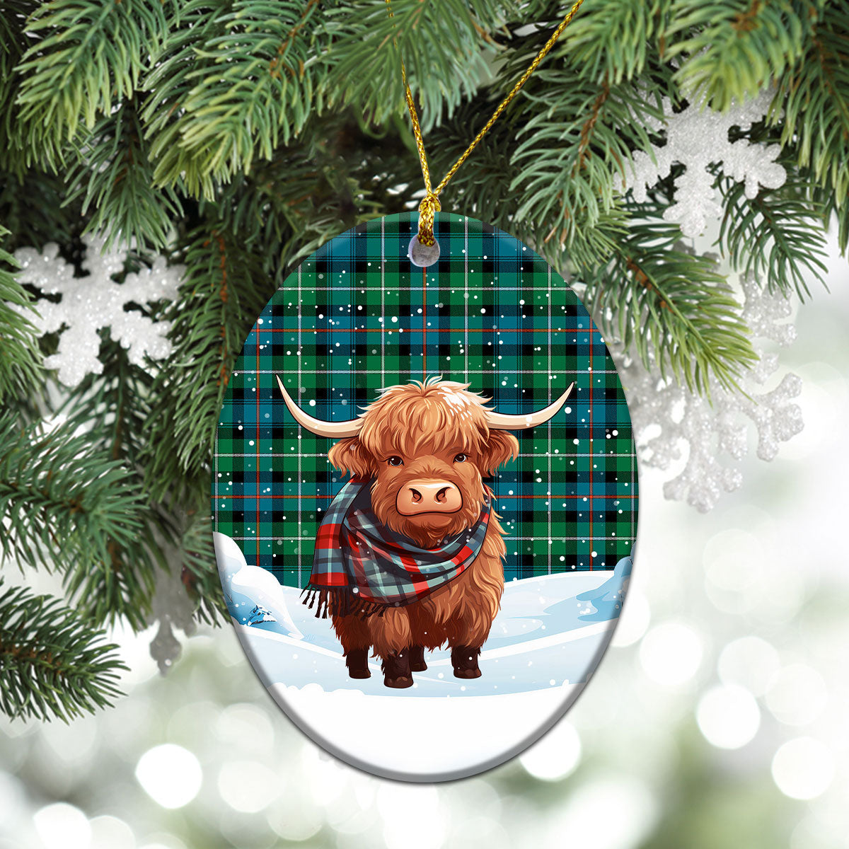 MacKenzie Ancient Tartan Christmas Ceramic Ornament - Highland Cows Snow Style